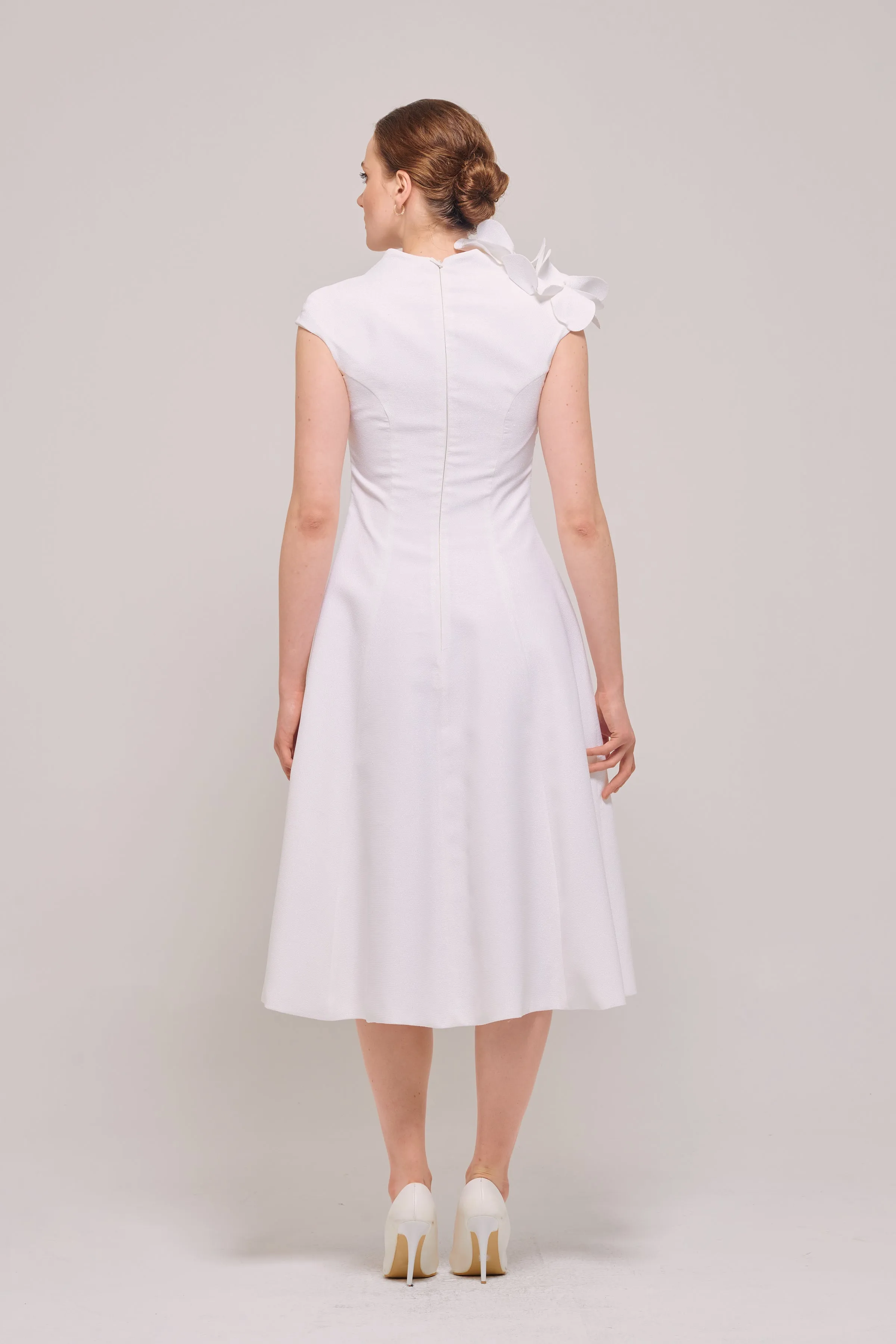 High Neck Detail White Midi Gown with Three-Dimensions Flowers