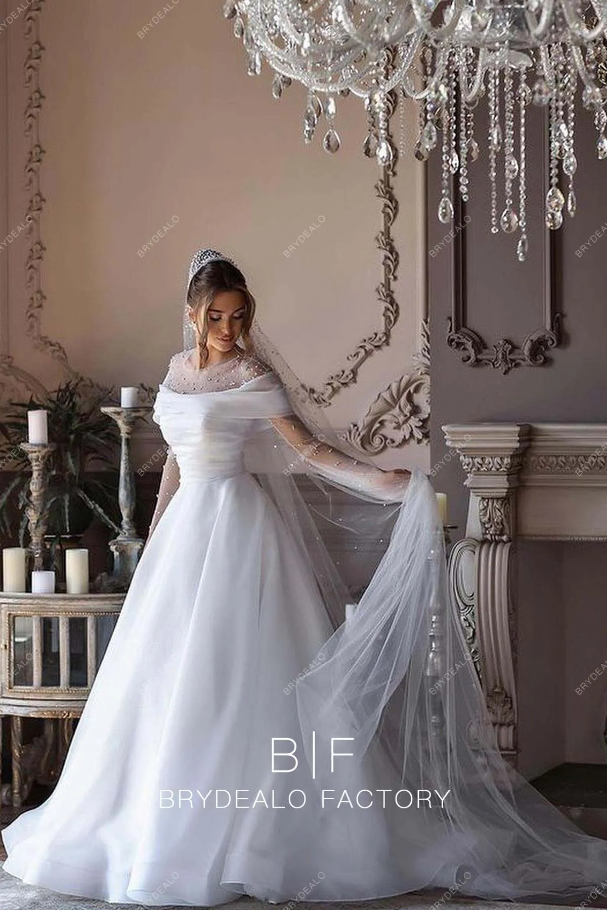 Illusion Neck Off Shoulder Organza Ball Gown Modern Wedding Dress
