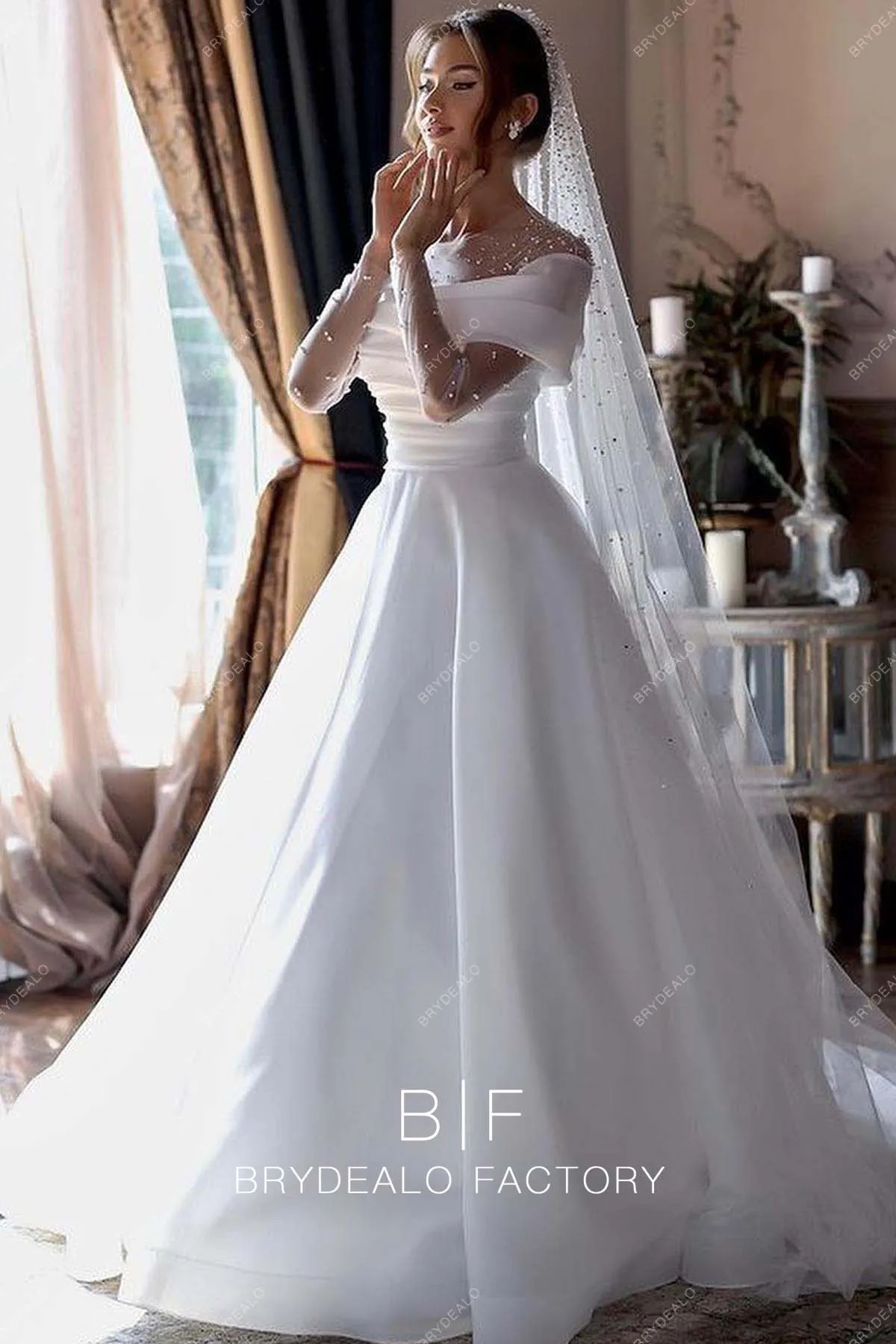 Illusion Neck Off Shoulder Organza Ball Gown Modern Wedding Dress