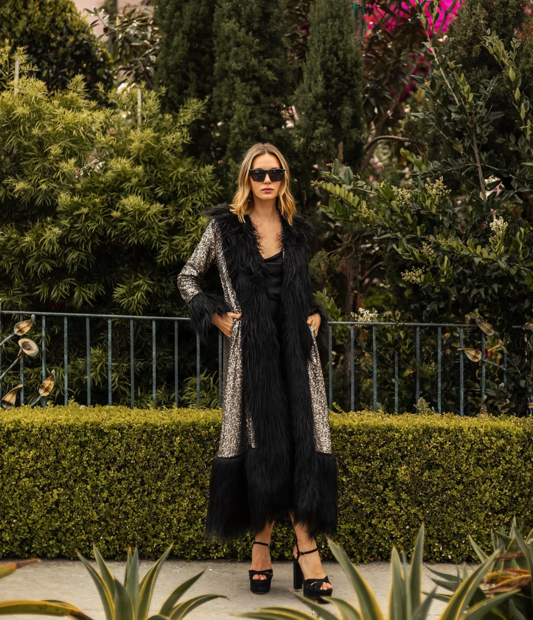 Jennafer Grace Penny Deluxe Gunmetal Sequin Faux Fur Coat