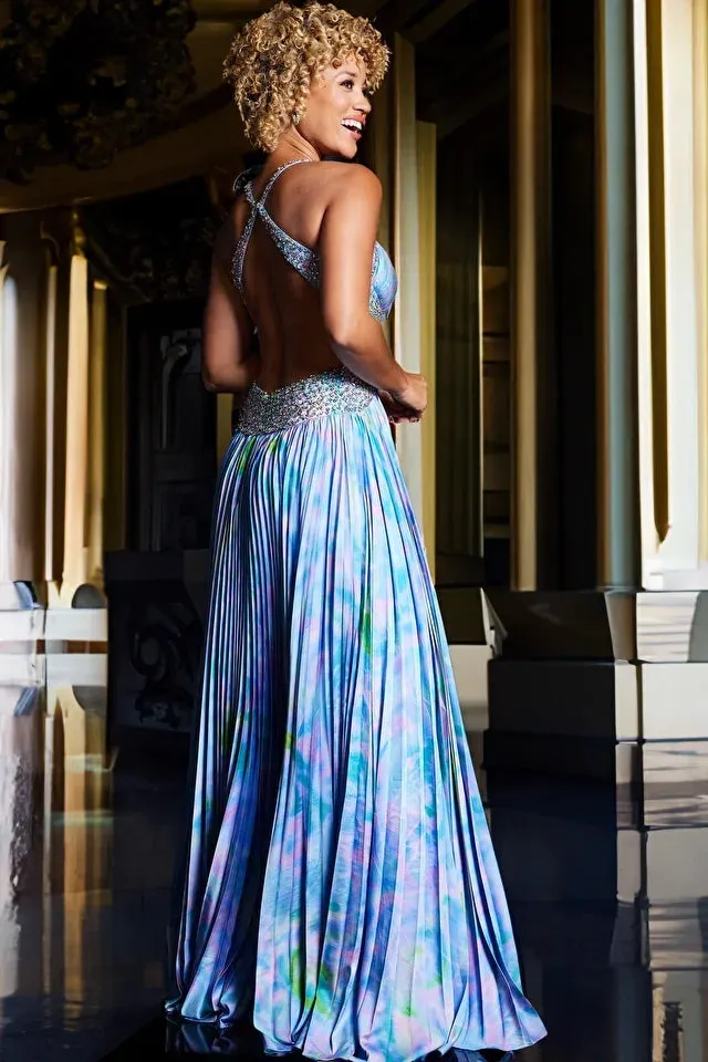 Jovani 38722 Long Prom Dress Pleated Beaded Waist and Straps Cut Out High Slit Formal Pageant Gown