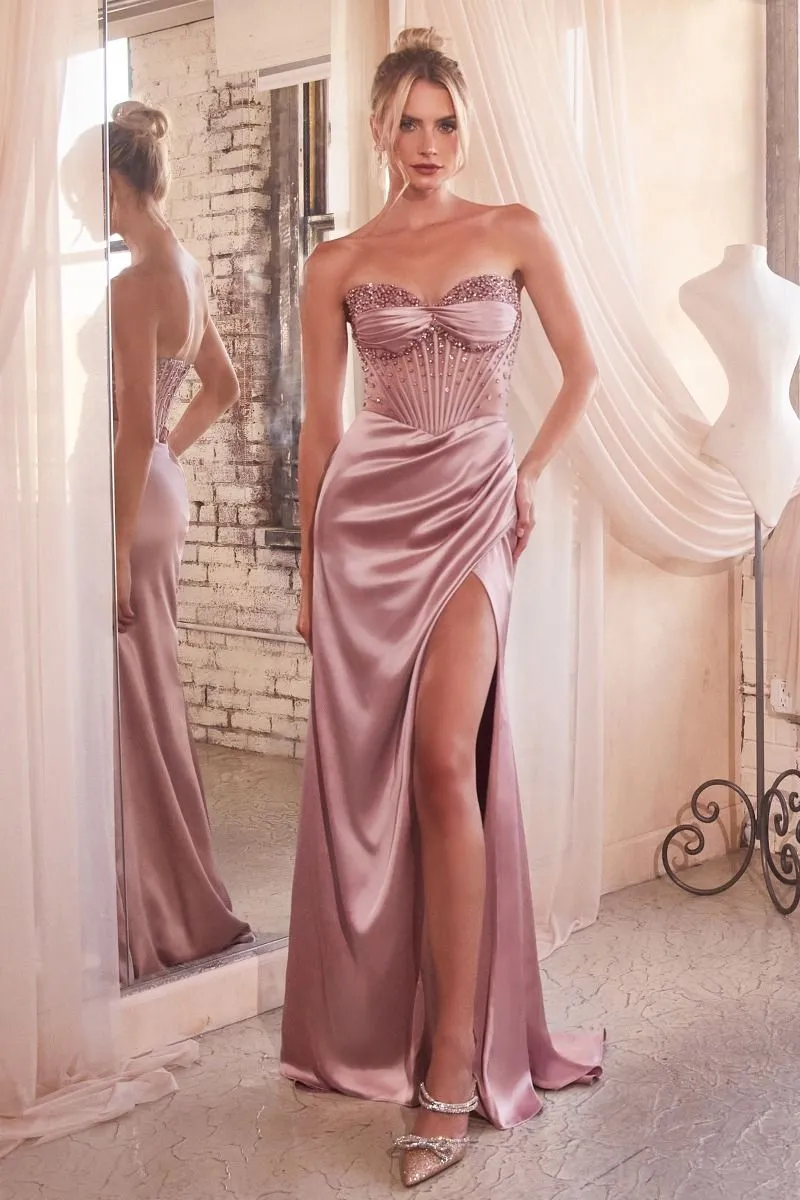 Ladivine CD295 Size 6 Sunkiss Orange Prom Dress Satin Maxi Slit Sheer Point Crystal Corset Formal Evening Gown