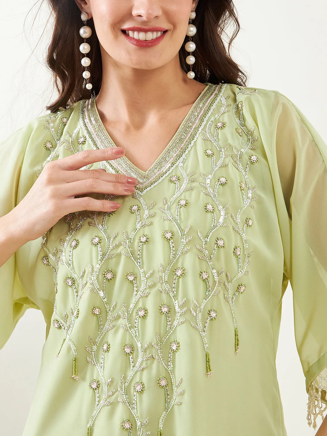 Light Green Hand Embroidred Party Kaftan with Slip and Pants