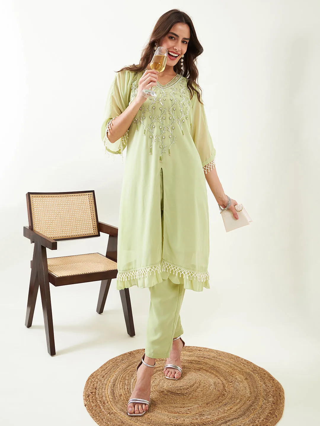 Light Green Hand Embroidred Party Kaftan with Slip and Pants