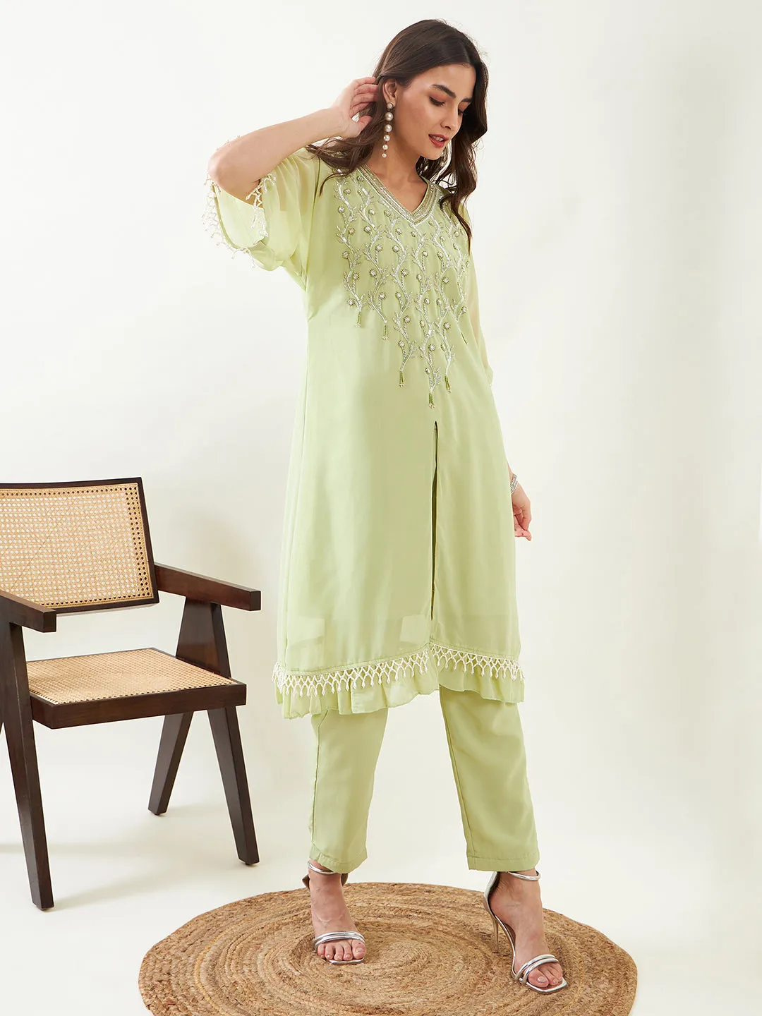 Light Green Hand Embroidred Party Kaftan with Slip and Pants