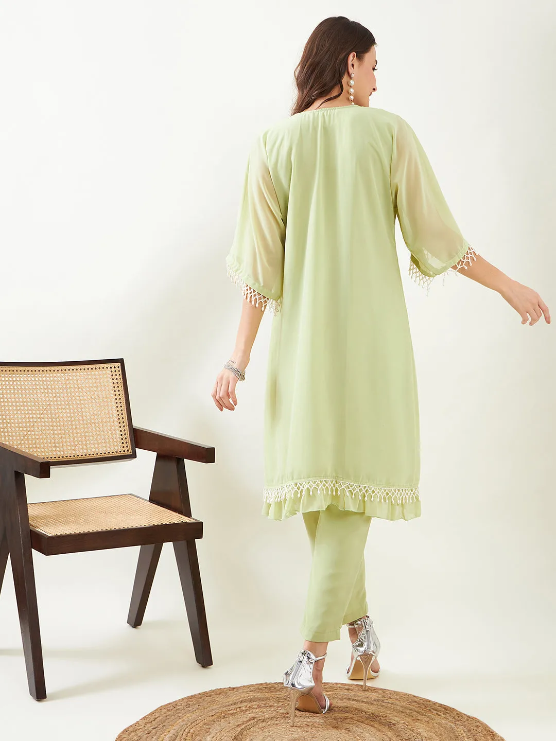 Light Green Hand Embroidred Party Kaftan with Slip and Pants