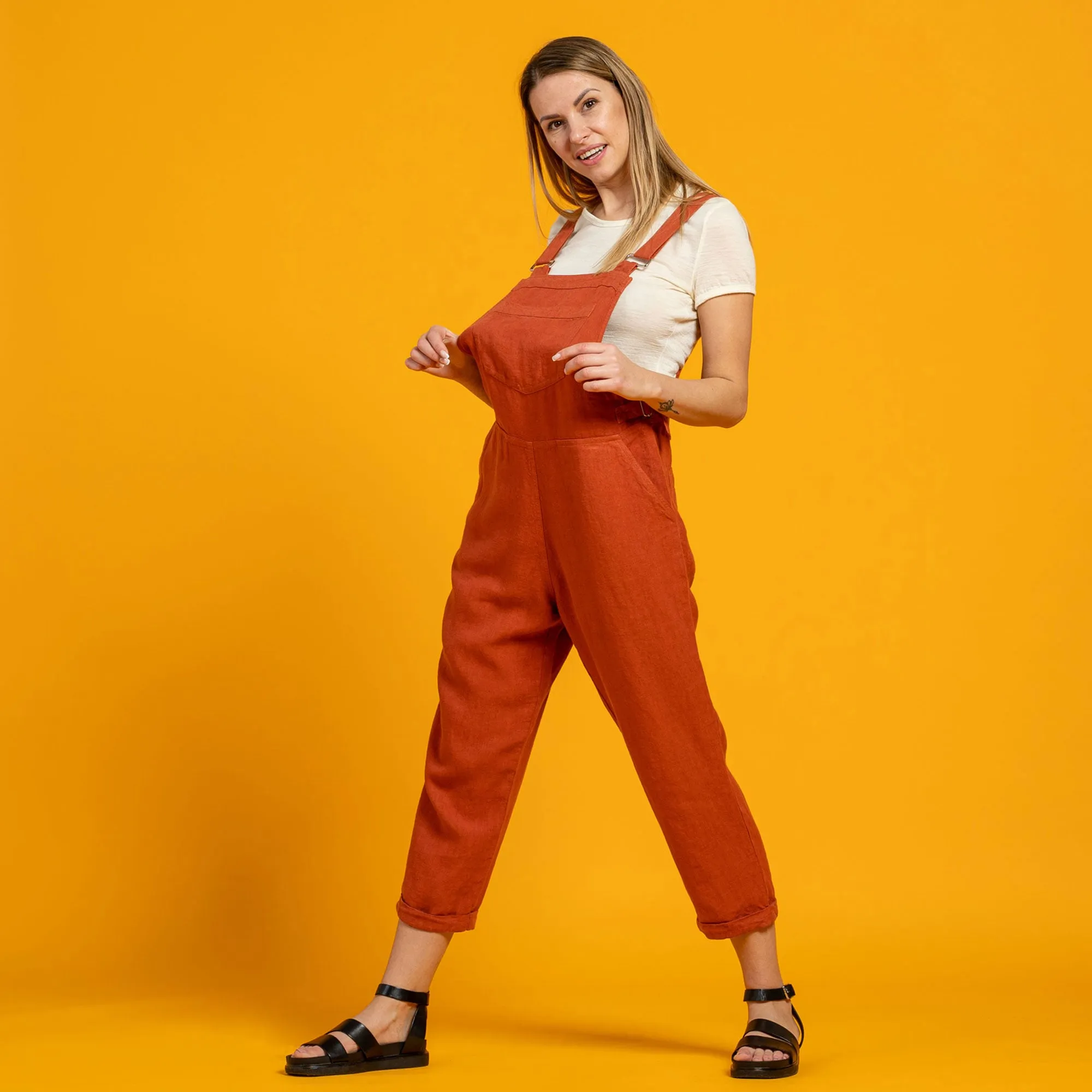Linen Pinafore Jumpsuit Nicci Cinnamon Red