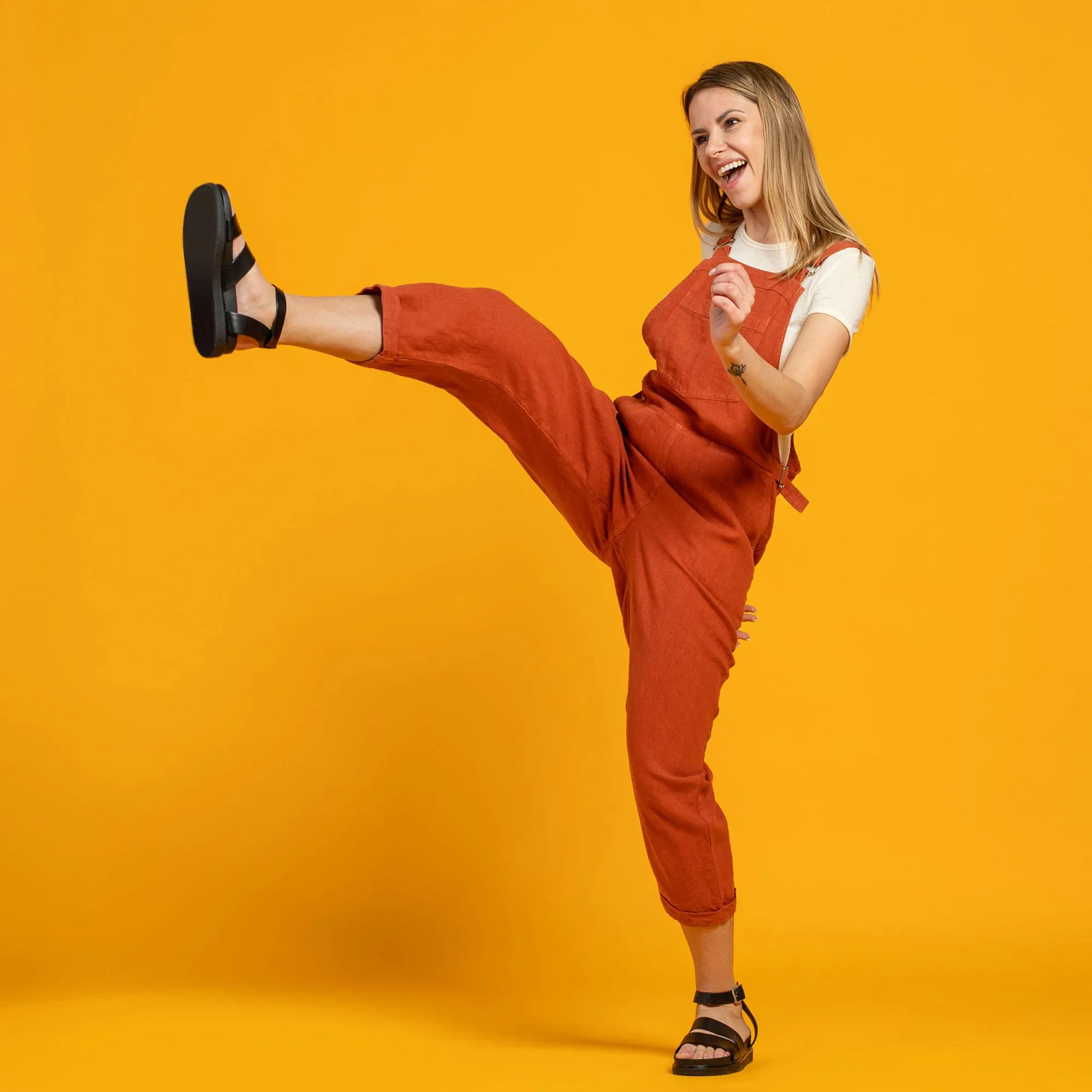 Linen Pinafore Jumpsuit Nicci Cinnamon Red