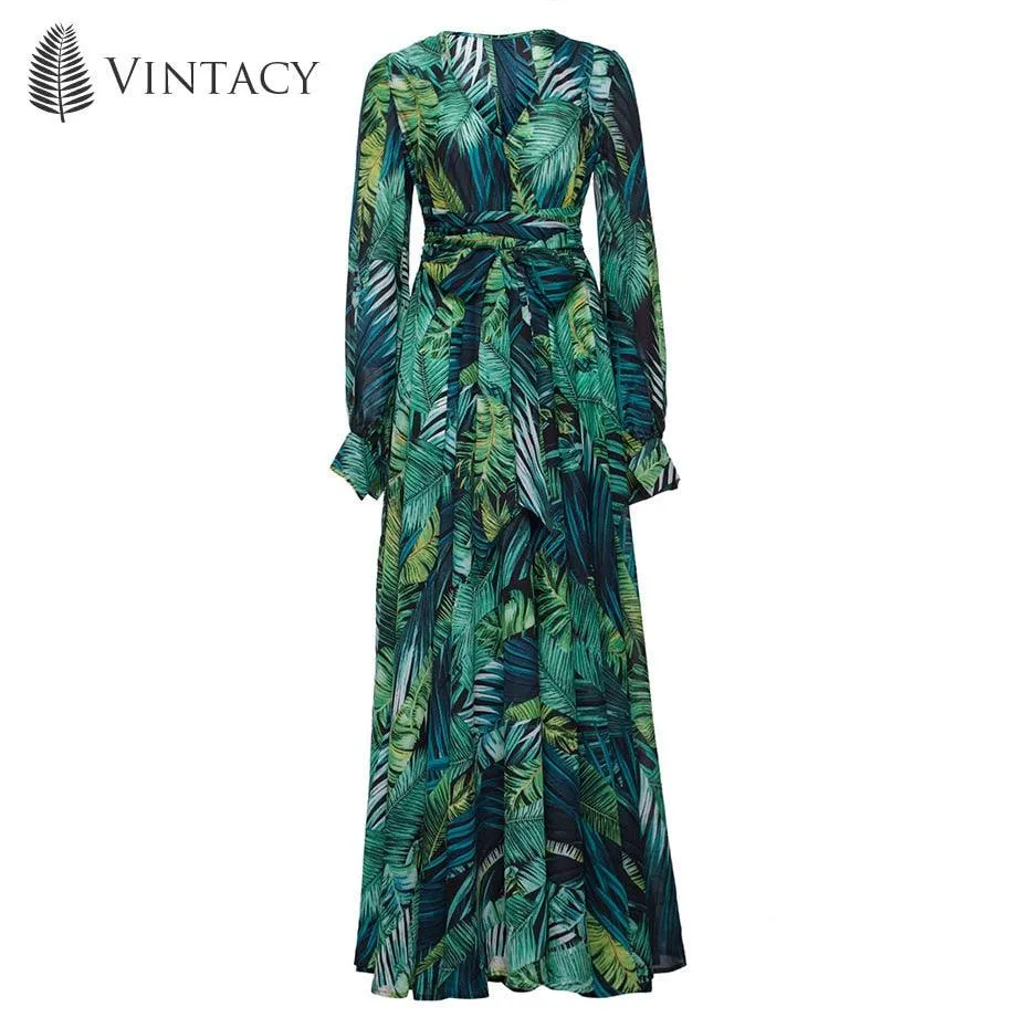 Long Sleeve Dress Tropical Green