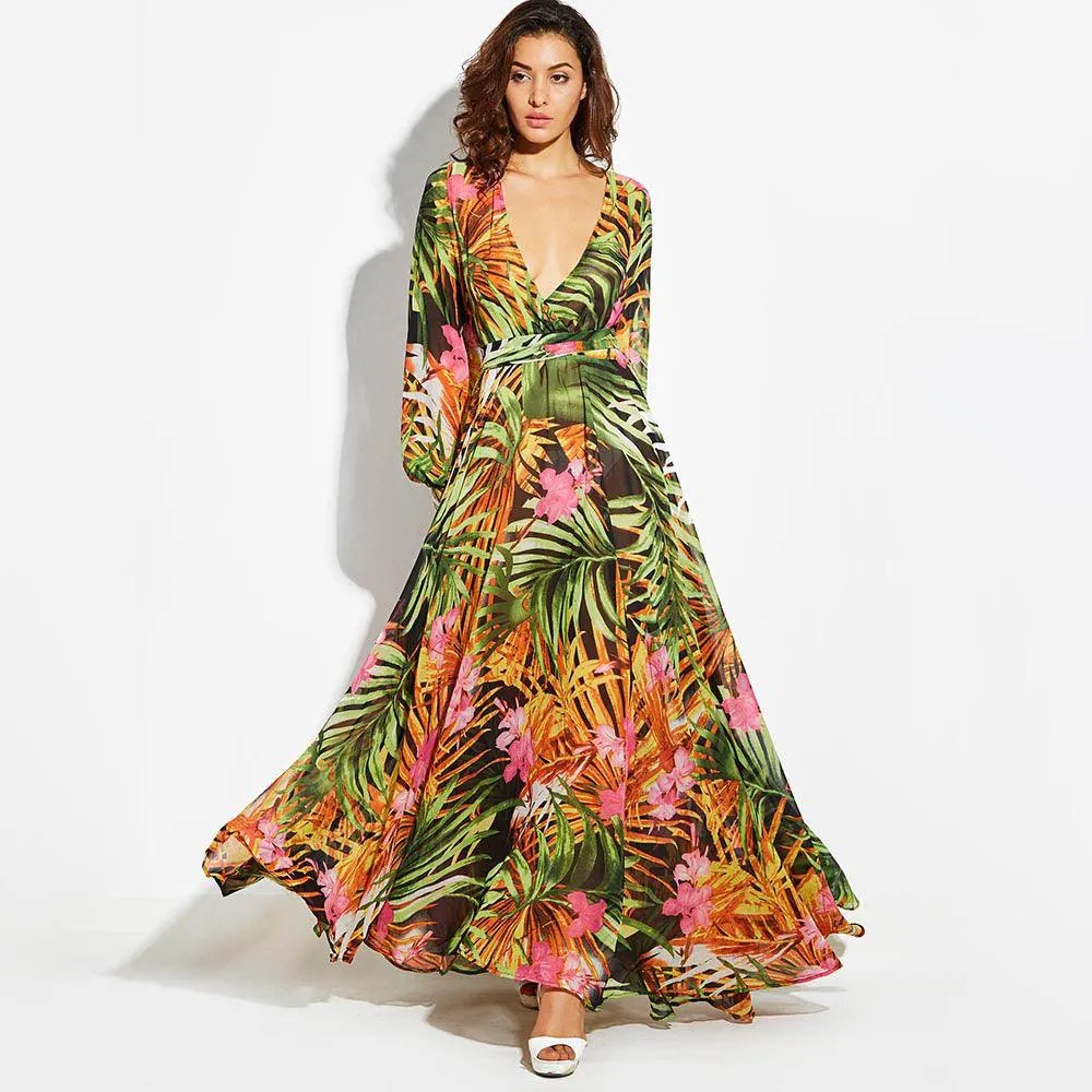 Long Sleeve Dress Tropical Green