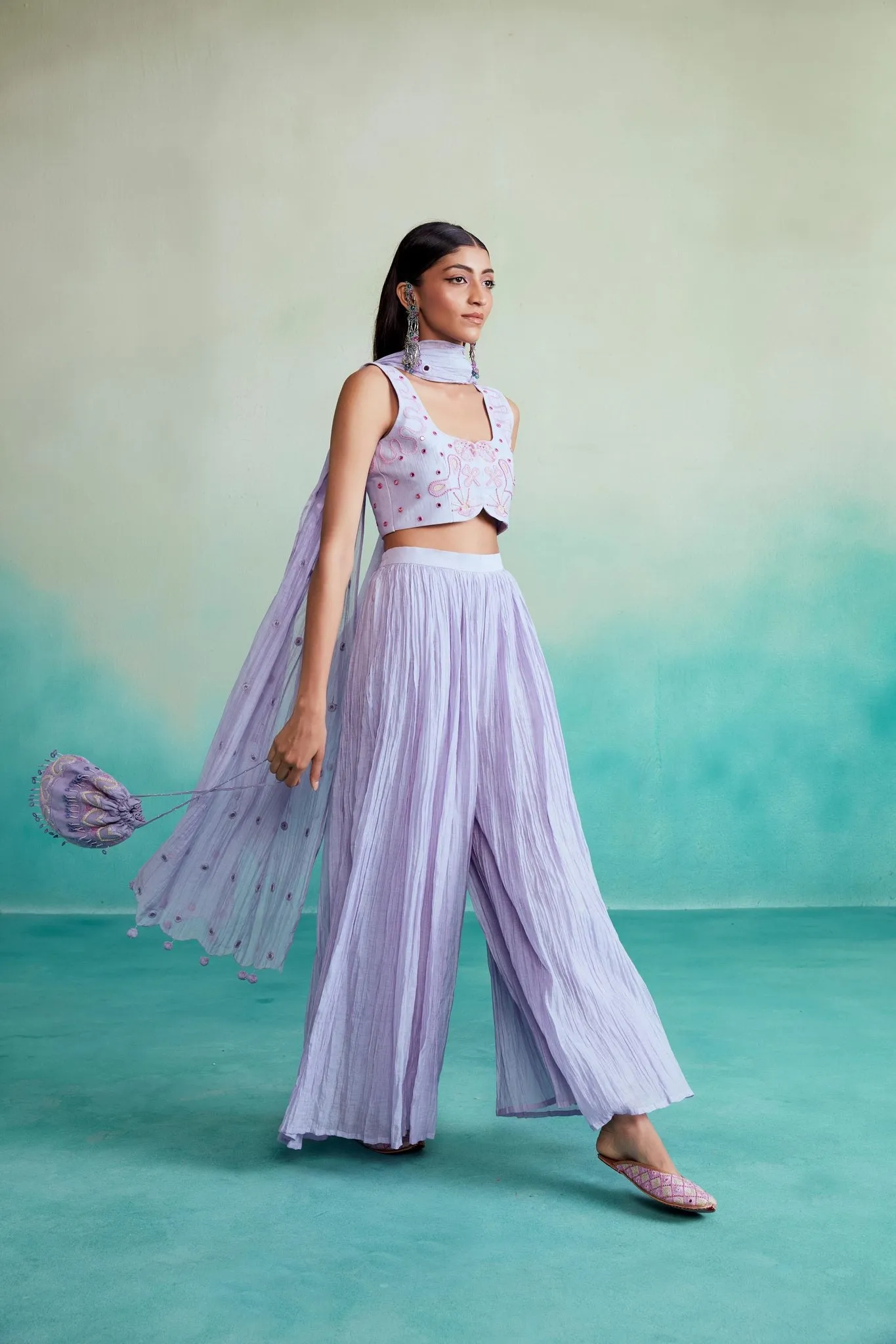 Luminova crop-top & sharara set - Lavender Hand embroidered Crop-top and Sharara set