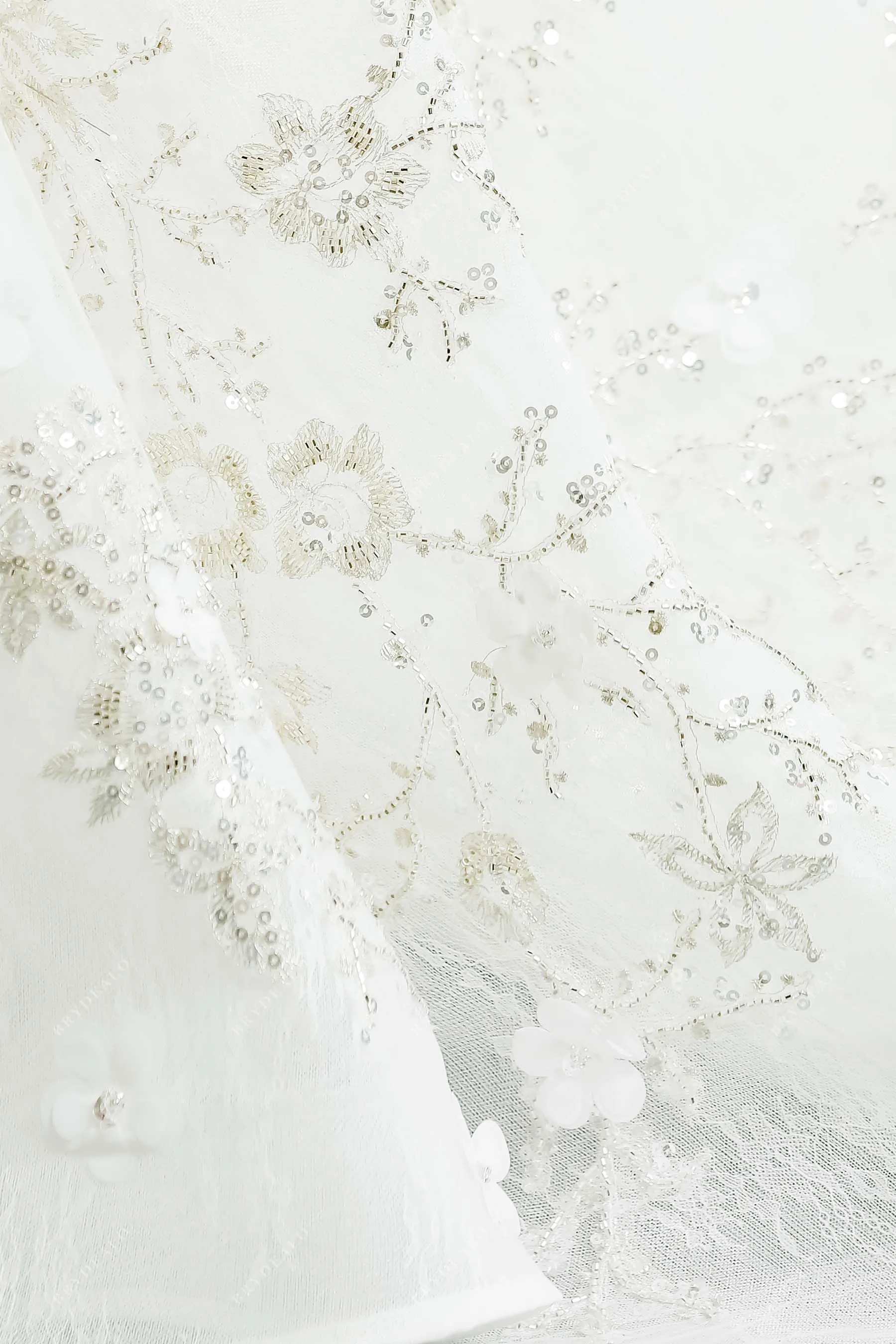 Luxury Lace Beaded Flower Illusion Neck Long Bridal Ball Gown