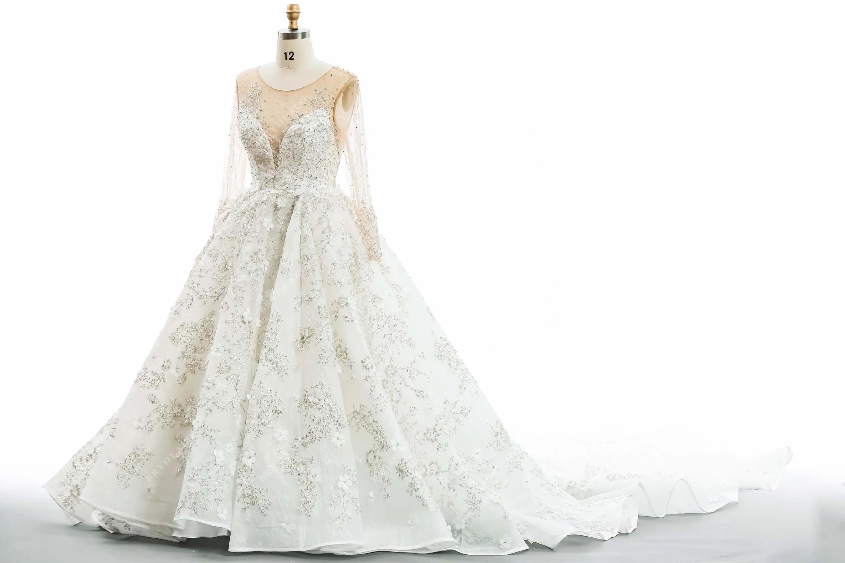 Luxury Lace Beaded Flower Illusion Neck Long Bridal Ball Gown