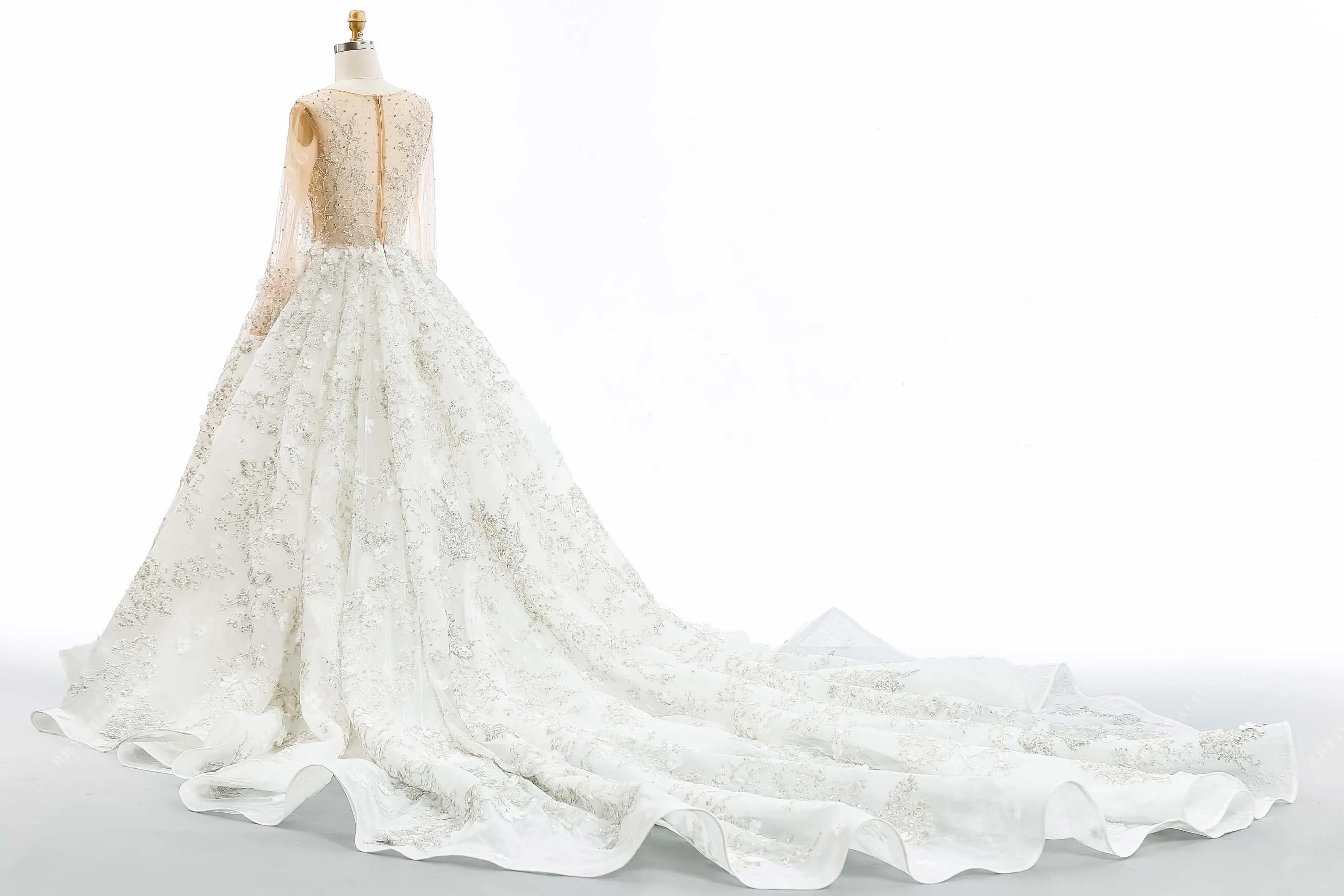 Luxury Lace Beaded Flower Illusion Neck Long Bridal Ball Gown