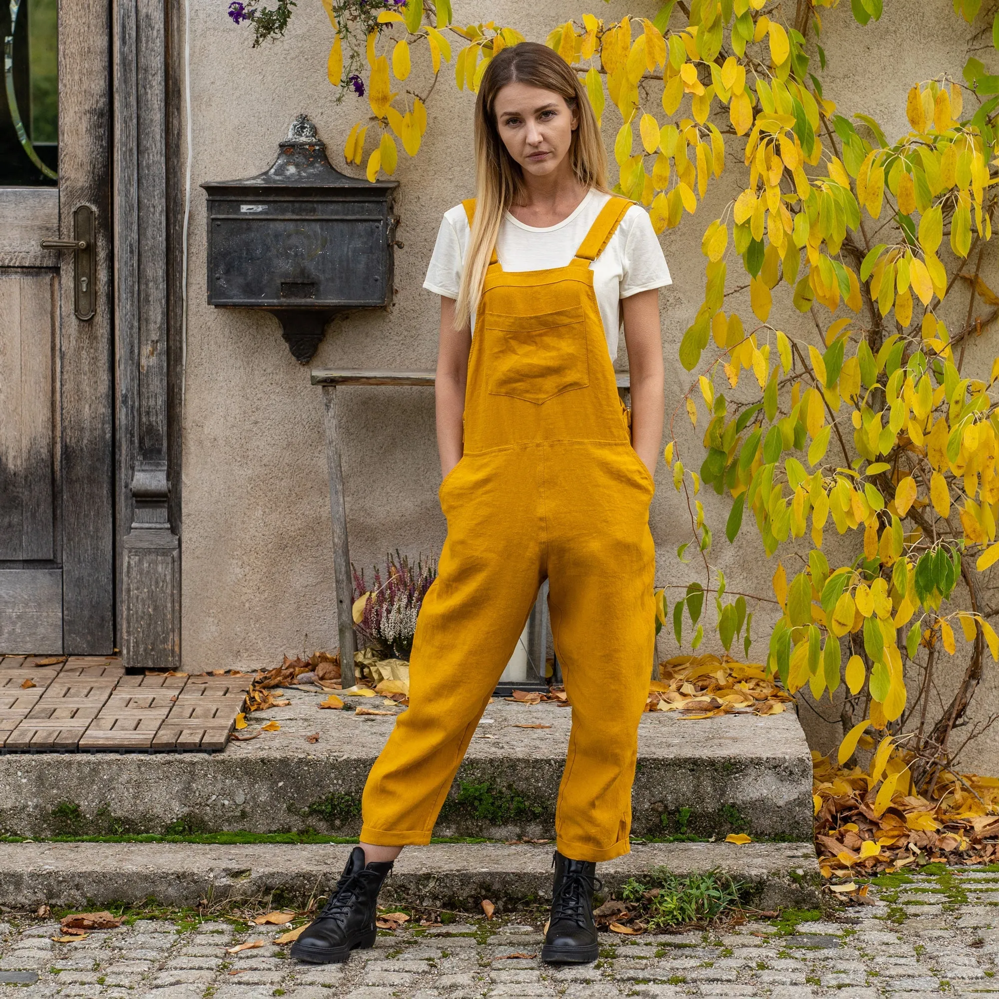MENIQUE 100% Linen Pinafore Jumpsuit Nicci Spicy Yellow