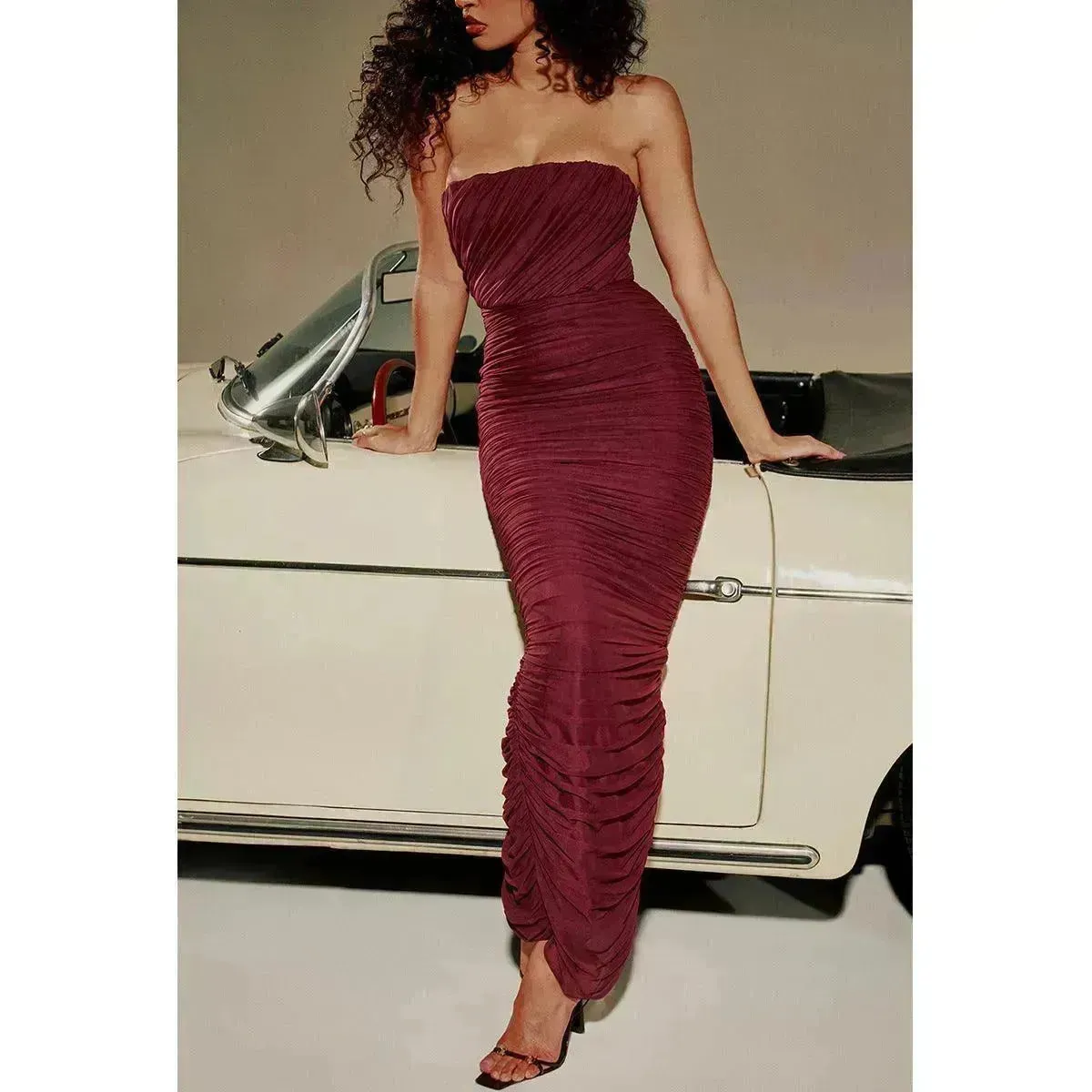 Mesh Fishbone Tube Top Dress Slim Fit Backless Pleated