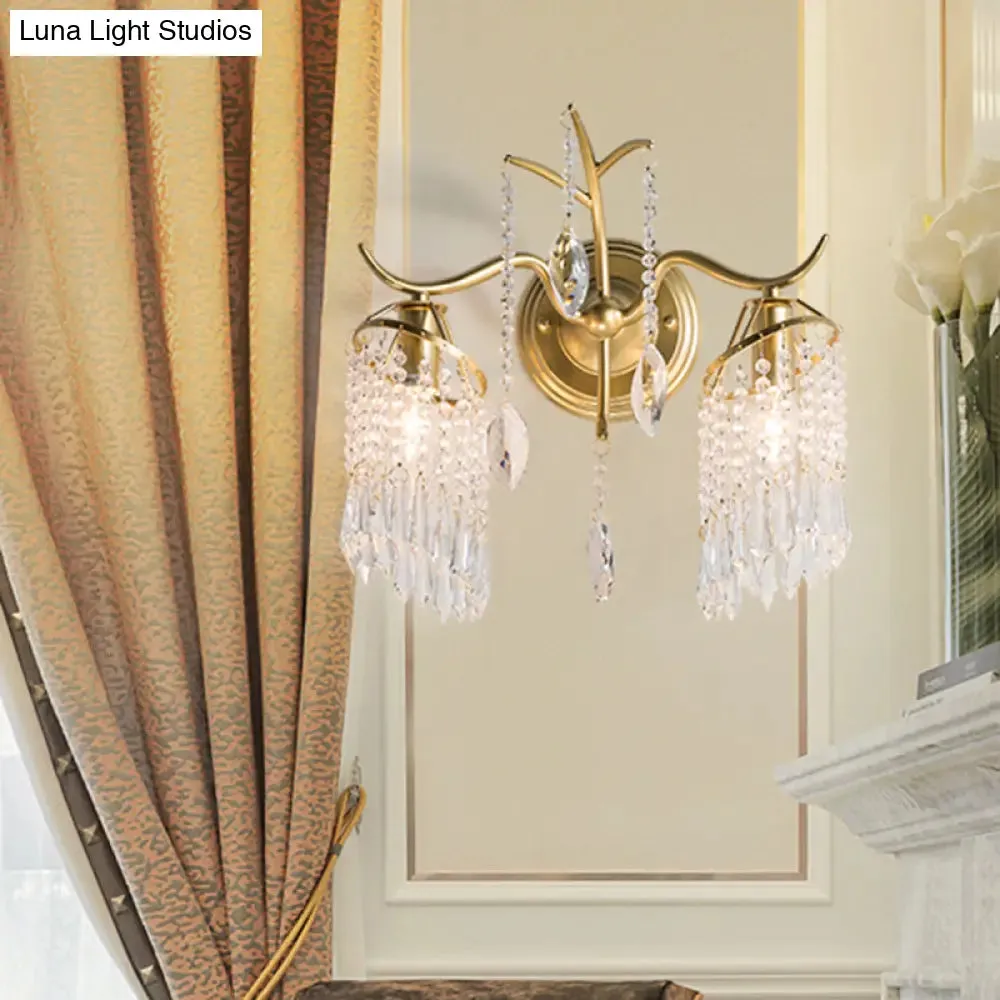 Modern Gold Crystal Teardrop Wall Sconce with Windbell Design - 2 Heads Wall Lighting