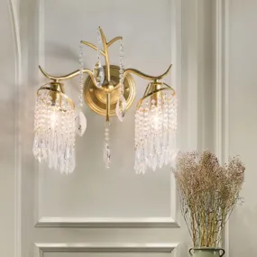 Modern Gold Crystal Teardrop Wall Sconce with Windbell Design - 2 Heads Wall Lighting