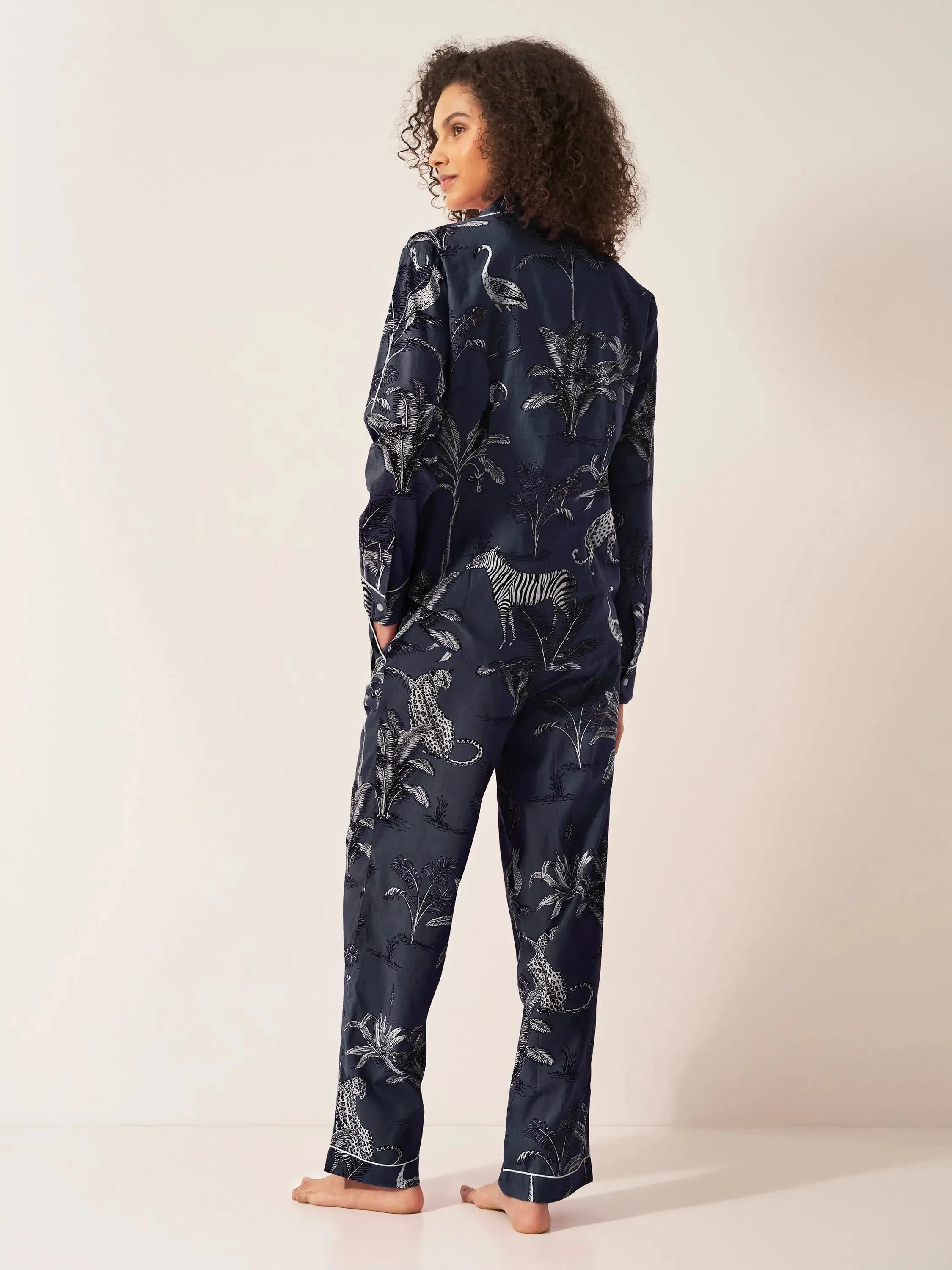 Navy Botanical Jungle Women's Long Sleeve Organic Cotton Pyjama Trouser Set
