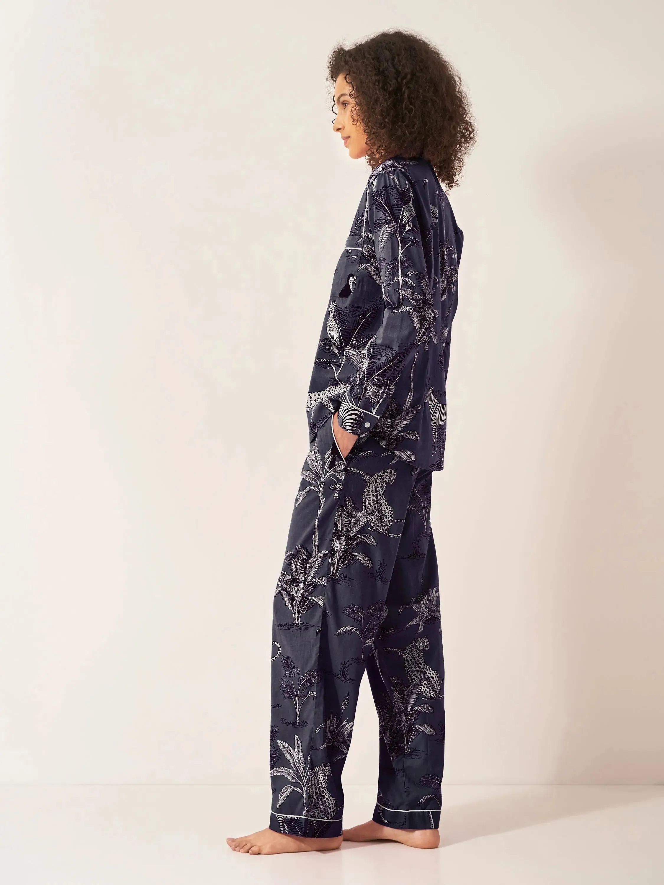 Navy Botanical Jungle Women's Long Sleeve Organic Cotton Pyjama Trouser Set