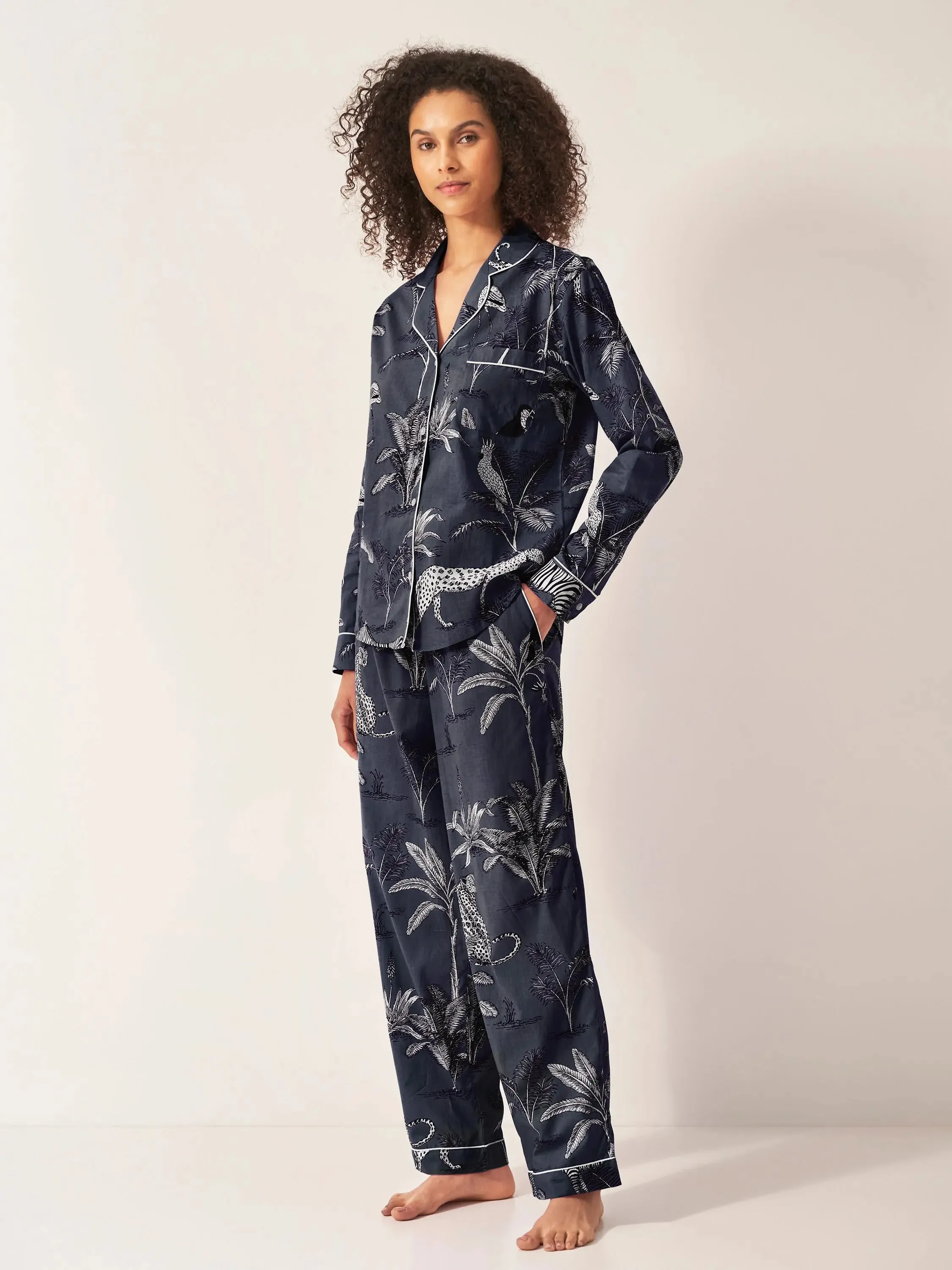 Navy Botanical Jungle Women's Long Sleeve Organic Cotton Pyjama Trouser Set