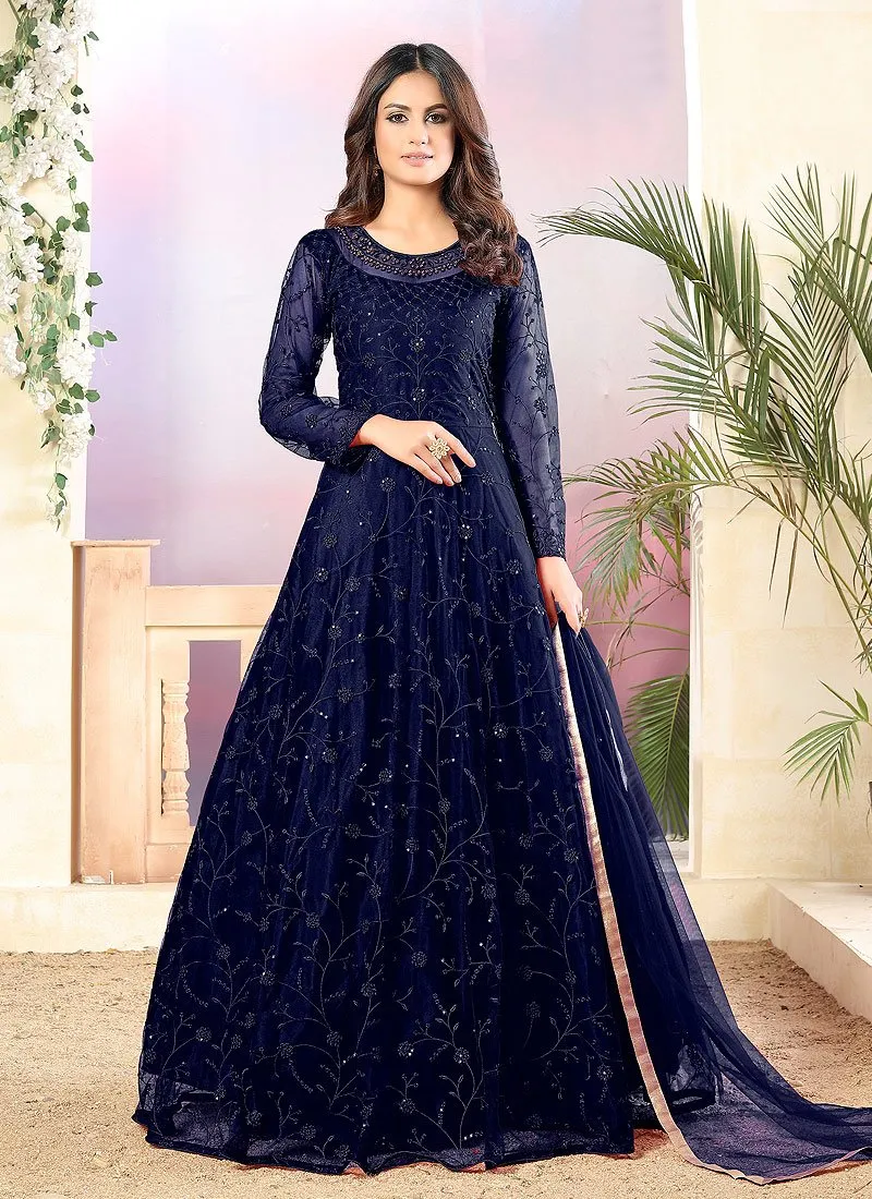 Net Navy Blue A Line Embroidered Anarkali Suit