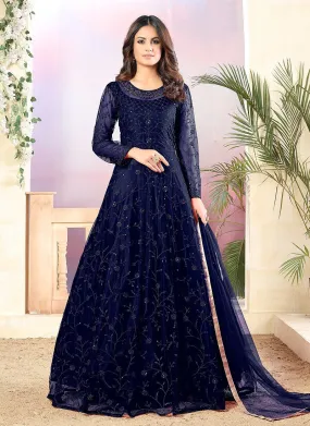 Net Navy Blue A Line Embroidered Anarkali Suit