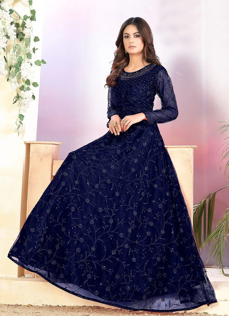 Net Navy Blue A Line Embroidered Anarkali Suit