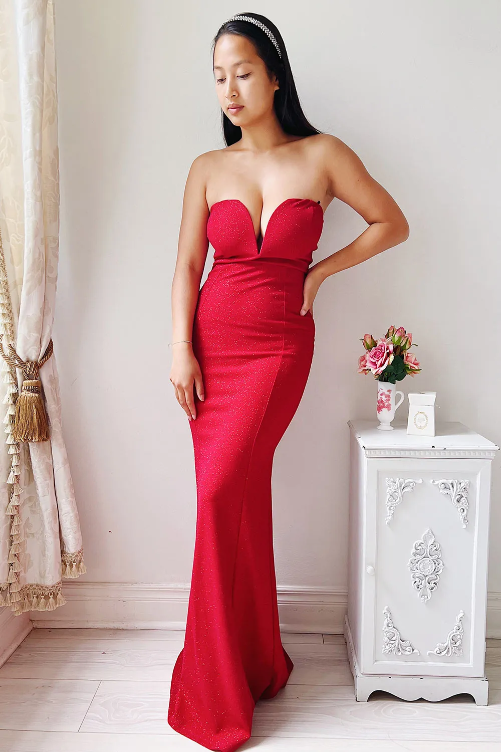 Norcia Red | Shimmery Bustier Mermaid Maxi Dress