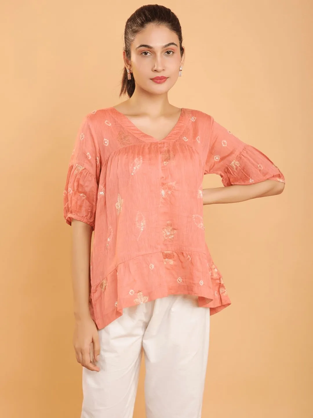 Peach Chanderi Tye & Dye Top