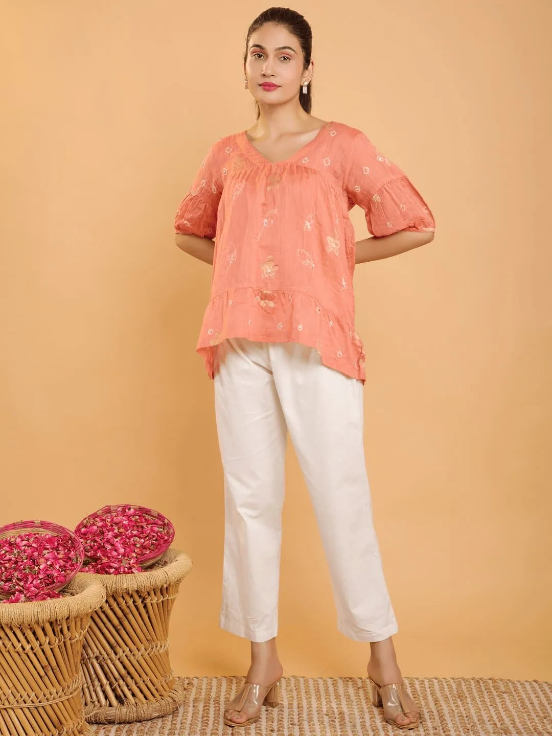 Peach Chanderi Tye & Dye Top