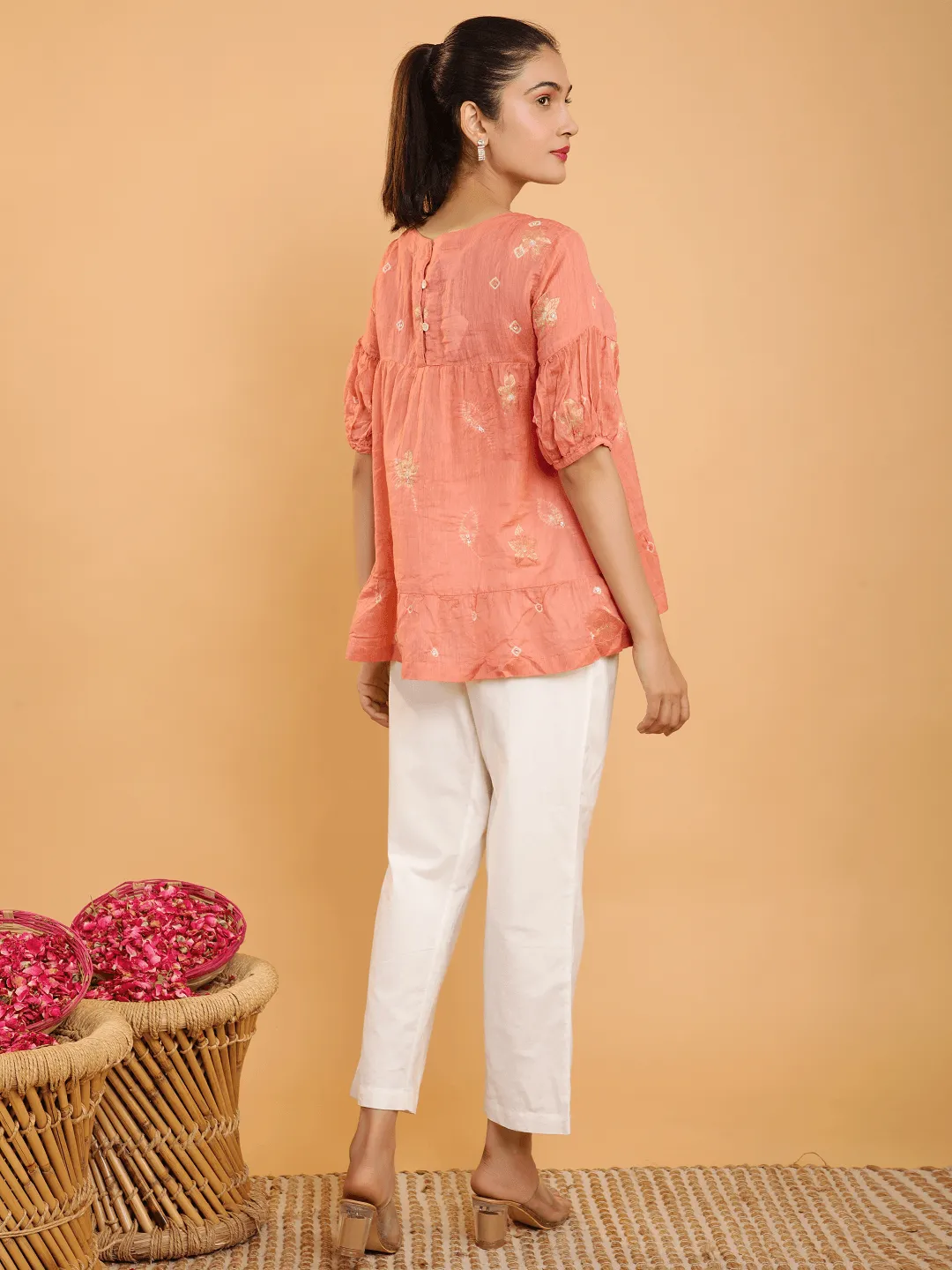 Peach Chanderi Tye & Dye Top