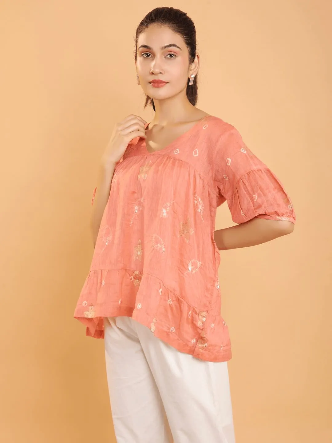 Peach Chanderi Tye & Dye Top