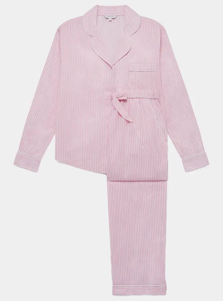 Pink & White Stripe Women's Long Sleeve Organic Cotton Pyjama Trouser Set