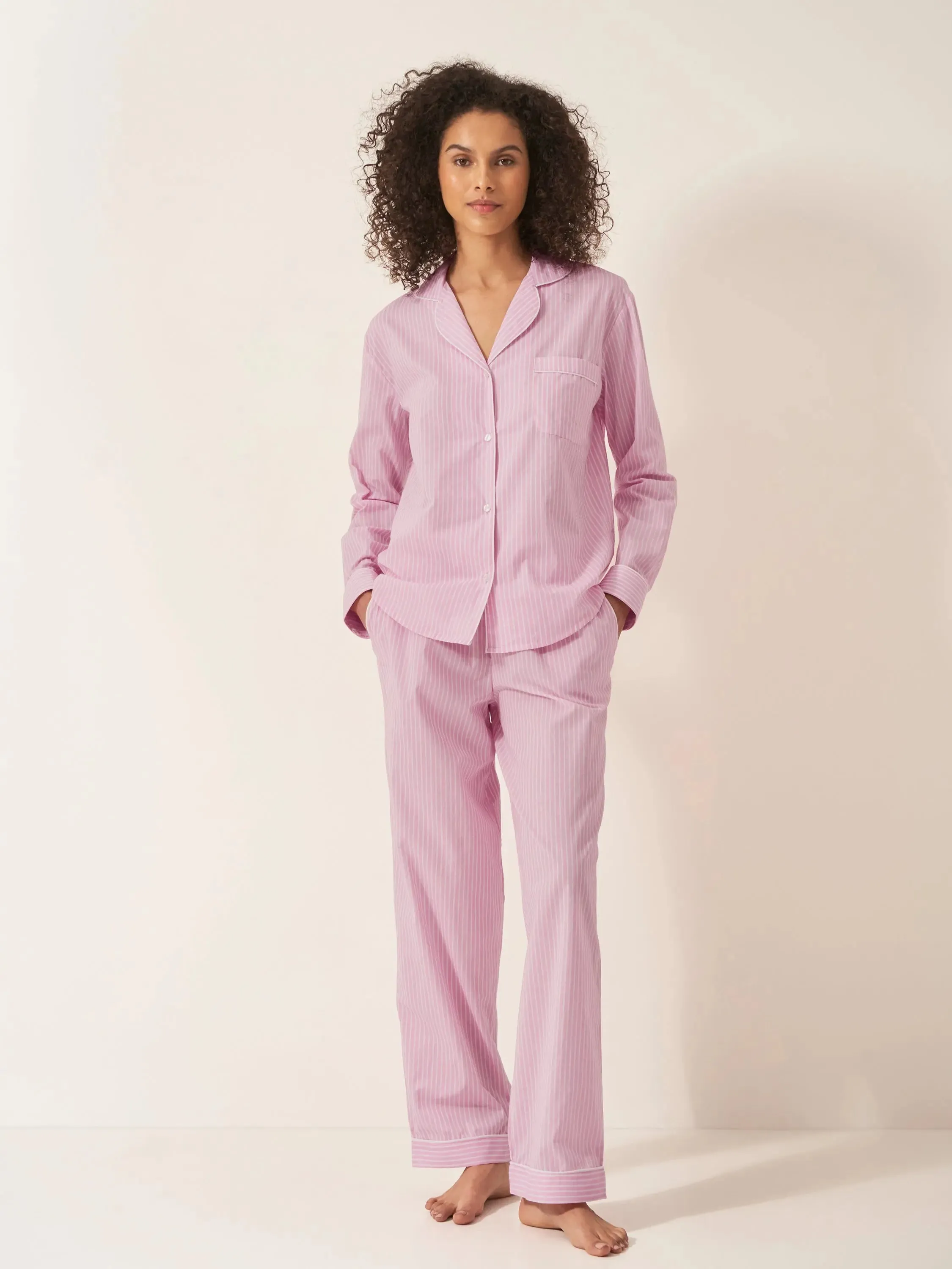 Pink & White Stripe Women's Long Sleeve Organic Cotton Pyjama Trouser Set