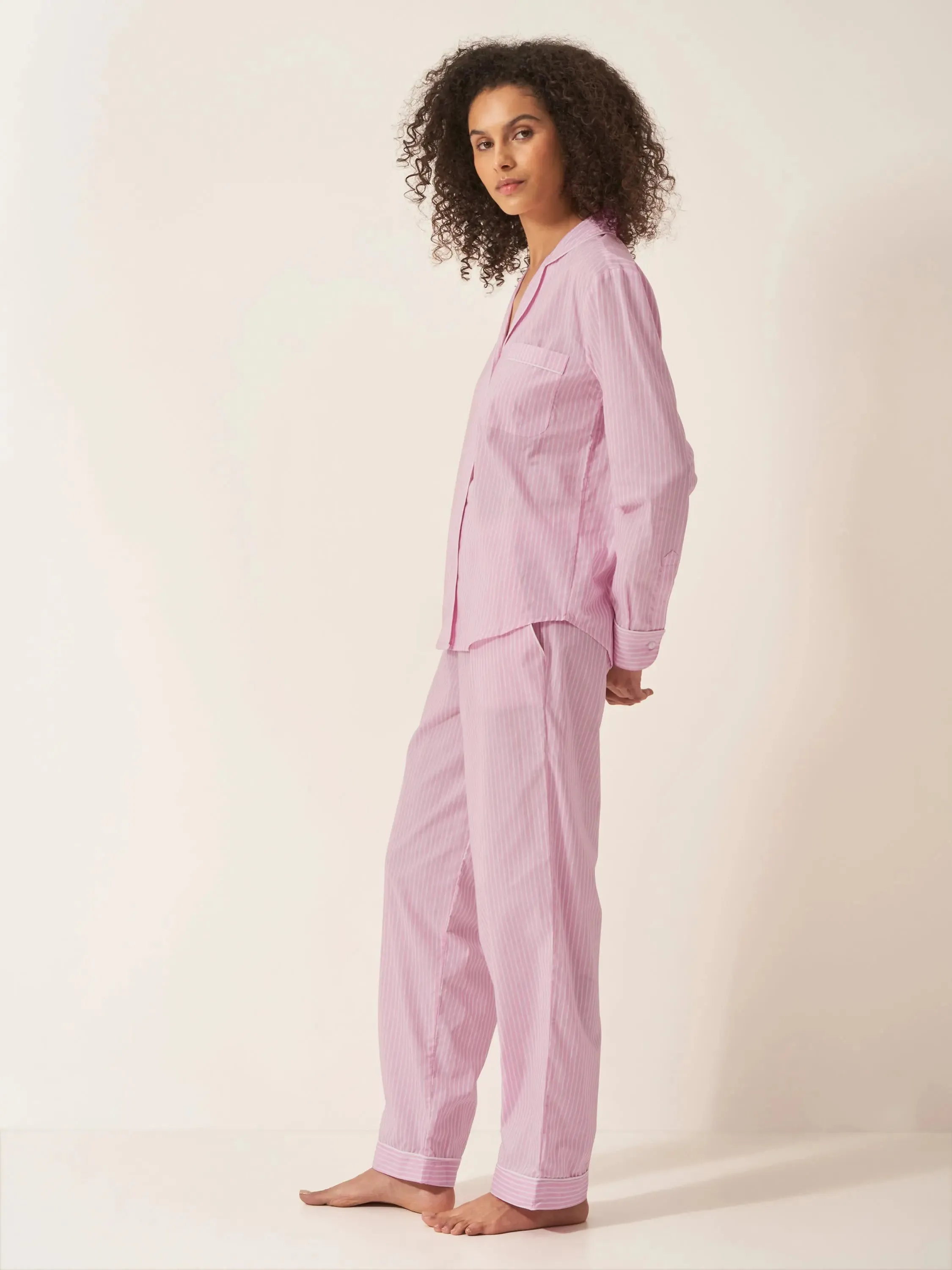 Pink & White Stripe Women's Long Sleeve Organic Cotton Pyjama Trouser Set