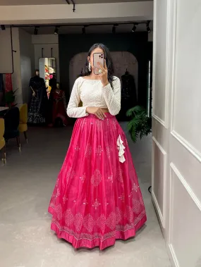 Pink Color Digital Print Cora Chex Zari Border Co-Ord Set Lehenga Choli