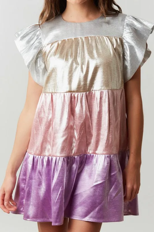 Pink/Lavender Multi Shiny Color Block Babydoll Mini Dress