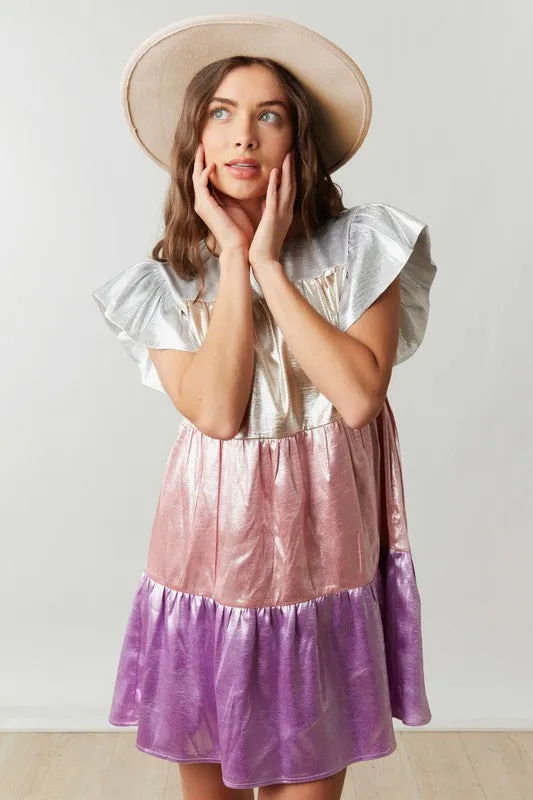 Pink/Lavender Multi Shiny Color Block Babydoll Mini Dress