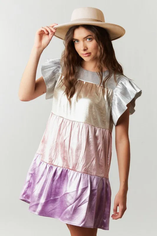 Pink/Lavender Multi Shiny Color Block Babydoll Mini Dress