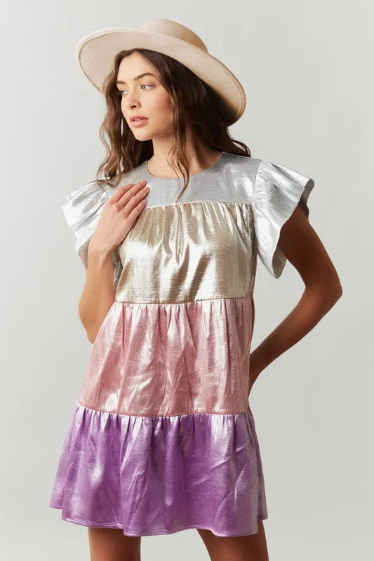 Pink/Lavender Multi Shiny Color Block Babydoll Mini Dress