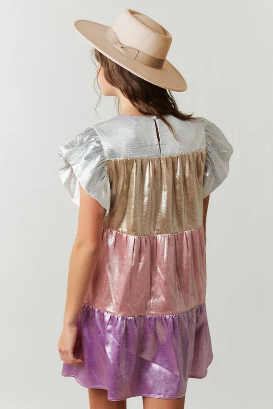 Pink/Lavender Multi Shiny Color Block Babydoll Mini Dress