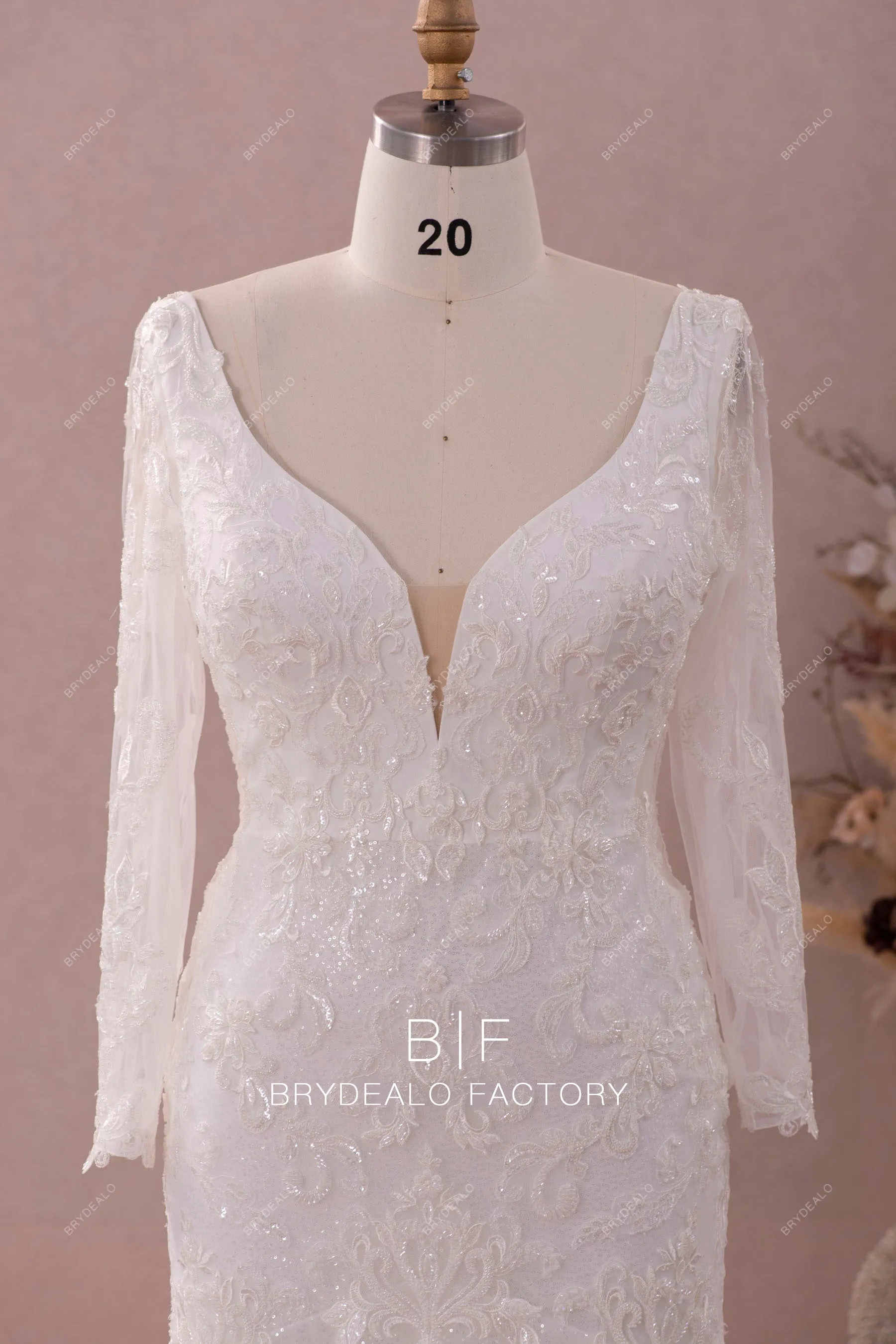 Plus Size Long Sleeve Beaded Lace Shimmery Trumpet Wedding Dress