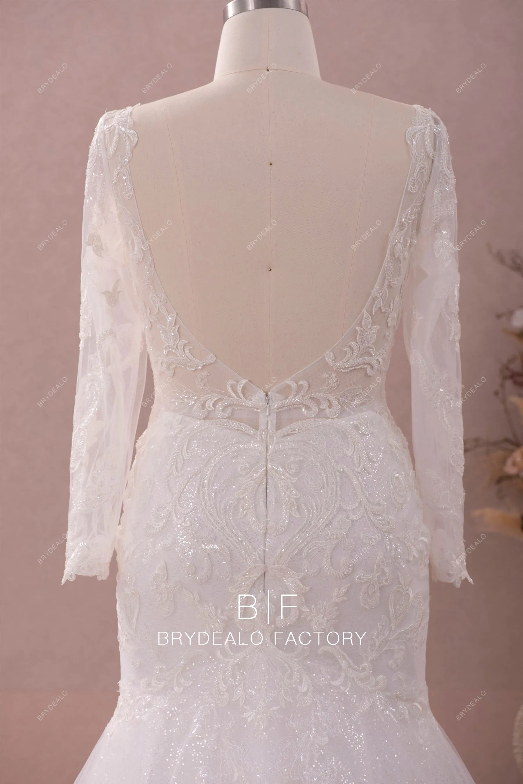 Plus Size Long Sleeve Beaded Lace Shimmery Trumpet Wedding Dress
