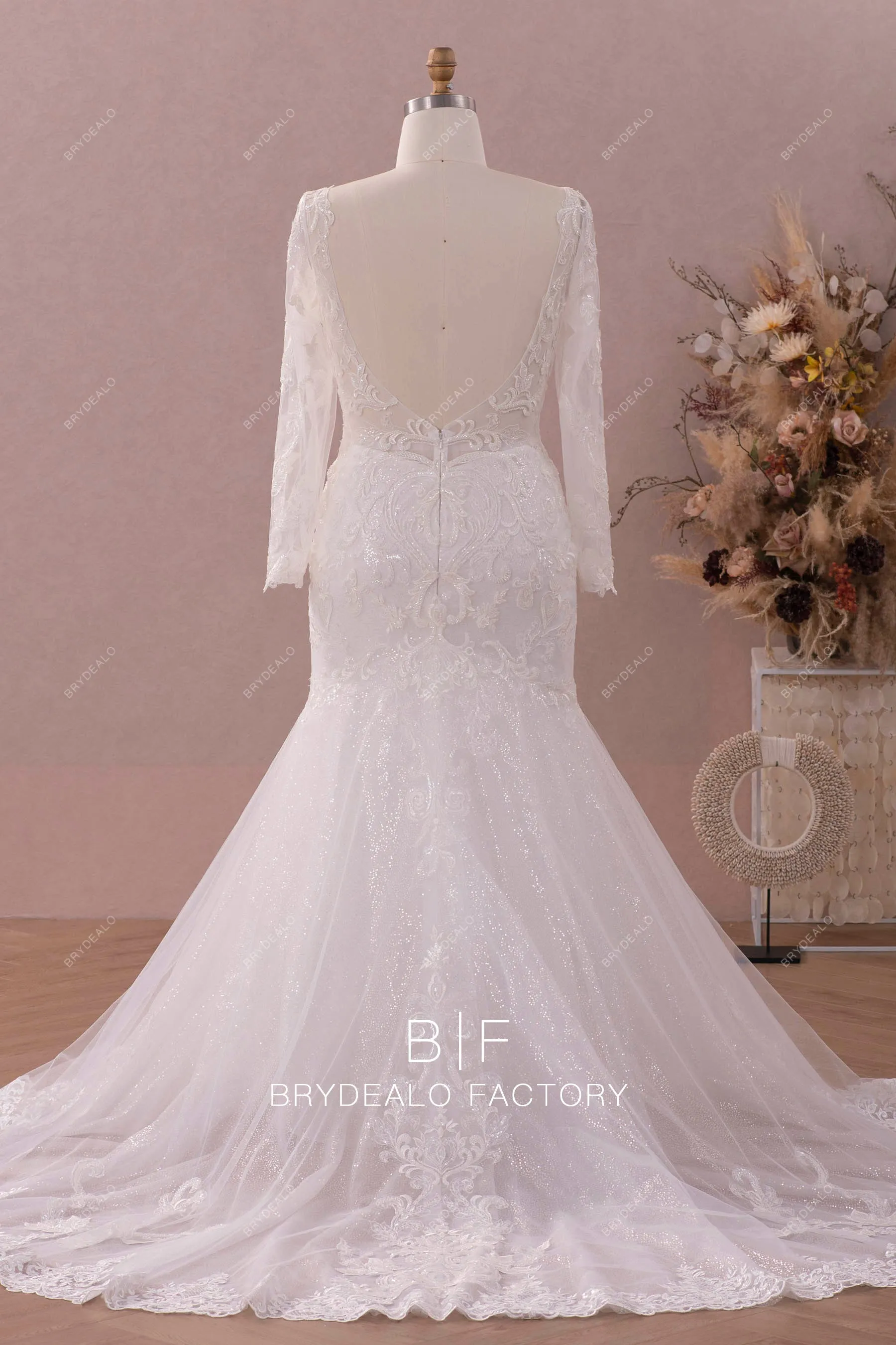 Plus Size Long Sleeve Beaded Lace Shimmery Trumpet Wedding Dress
