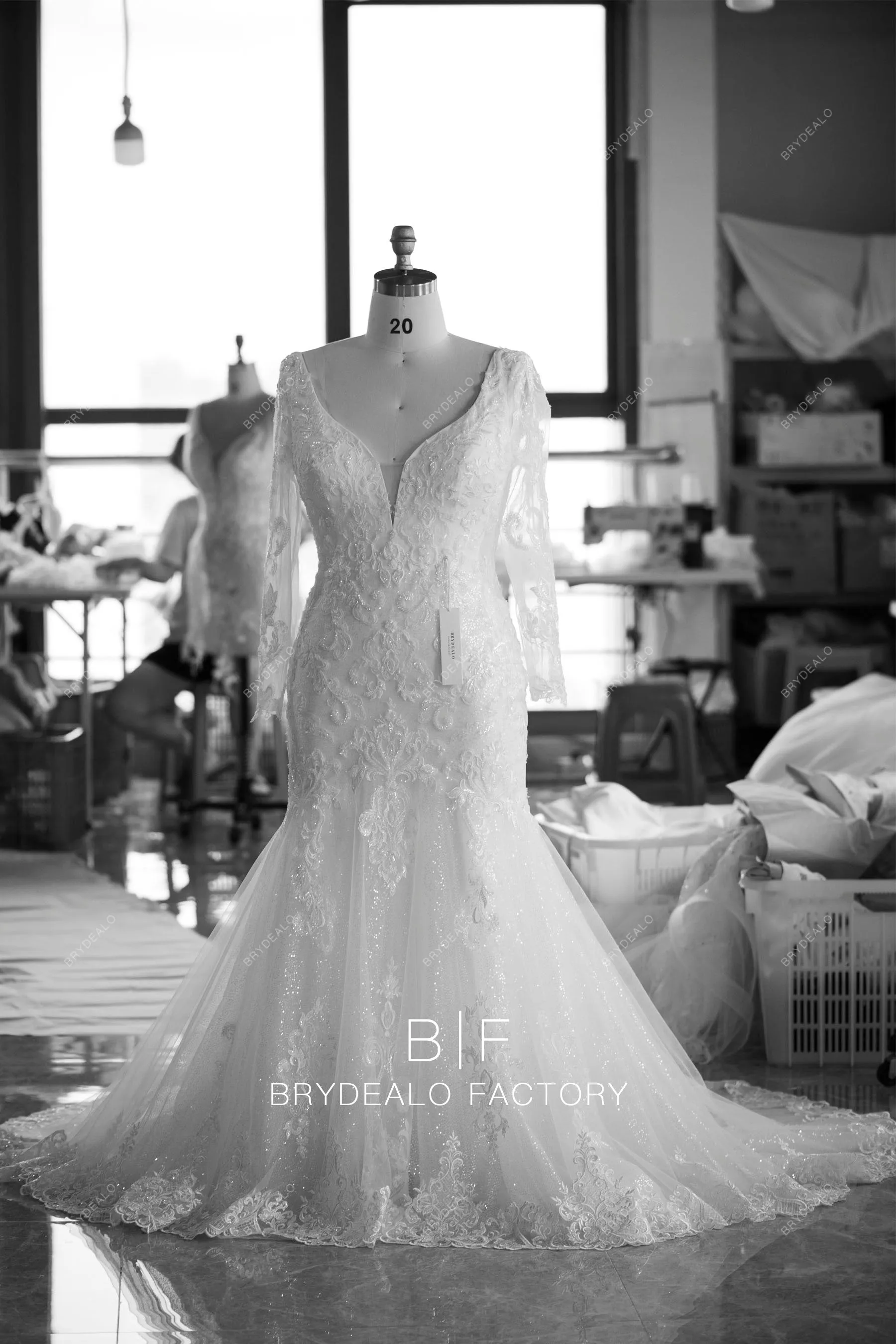 Plus Size Long Sleeve Beaded Lace Shimmery Trumpet Wedding Dress