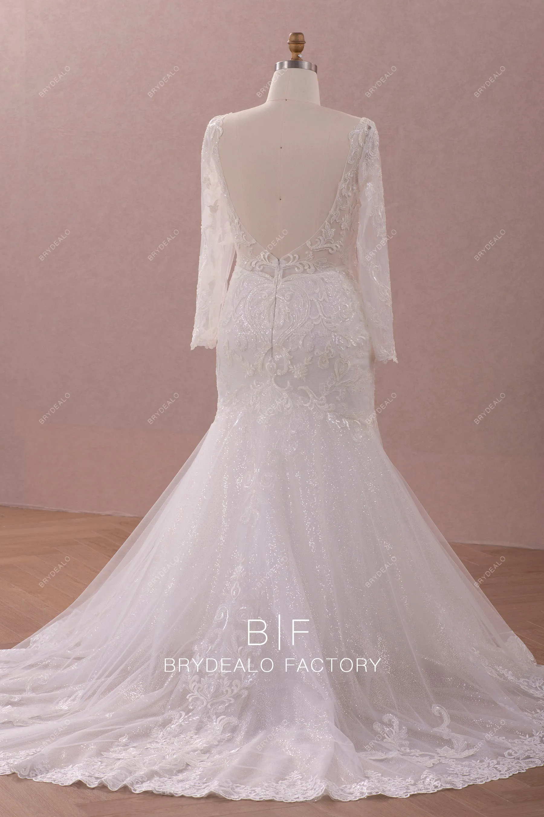 Plus Size Long Sleeve Beaded Lace Shimmery Trumpet Wedding Dress