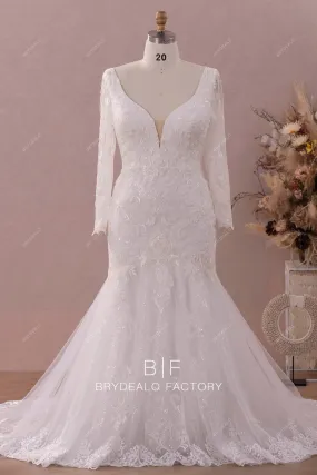 Plus Size Long Sleeve Beaded Lace Shimmery Trumpet Wedding Dress