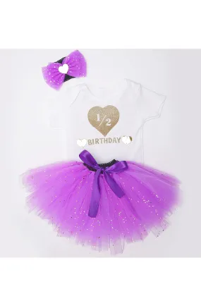 Purple half birthday bodysuit with tutu skirt and hairband