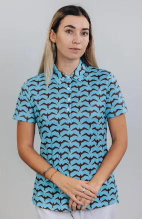"Iwa Flock" Chocolate Sky - OGA Women's Polo - Chocolate Brown / Sky Blue
